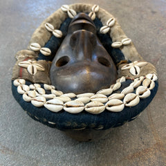 African Mask, Ivory Coast Wood, Linen, Shells, Primitive