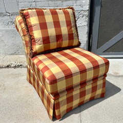 Huntington House Slipper Chair, Upholstered Red and Gold Buffalo Plaid, Rolled Back