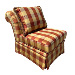 Huntington House Slipper Chair, Upholstered Red and Gold Buffalo Plaid, Rolled Back