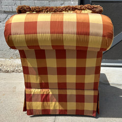 Huntington House Slipper Chair, Upholstered Red and Gold Buffalo Plaid, Rolled Back