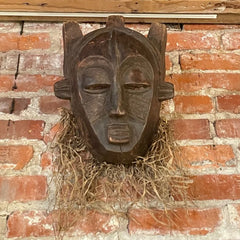 Primitive Mask with Raffia Beard, Hand-Carved Wood