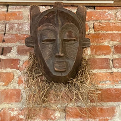 Primitive Mask with Raffia Beard, Hand-Carved Wood, sku: 032114