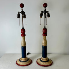 Pair of Nautical, Patriotic Table Lamps, Double Socket, Red White and Blue, Wood, sku: 032679