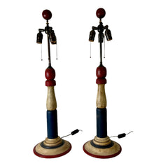 Pair of Nautical, Patriotic Table Lamps, Double Socket, Red White and Blue, Wood, sku: 032679