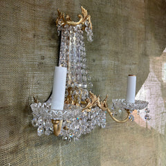Crystal, Gold Plated Wall Sconces, Two Candle