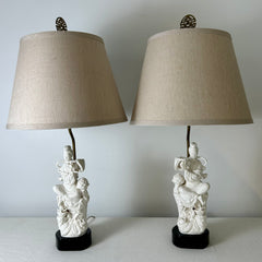 Pair of Vintage Blanc de Chine Porcelain Table Lamps with Beige Linen Shades, sku: 032634