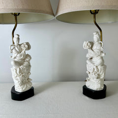 Pair of Vintage Blanc de Chine Porcelain Table Lamps with Beige Linen Shades, sku: 032634