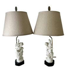 Pair of Vintage Blanc de Chine Porcelain Table Lamps with Beige Linen Shades, sku: 032634