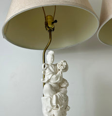Pair of Vintage Blanc de Chine Porcelain Table Lamps with Beige Linen Shades, sku: 032634