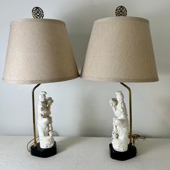 Pair of Vintage Blanc de Chine Porcelain Table Lamps with Beige Linen Shades, sku: 032634