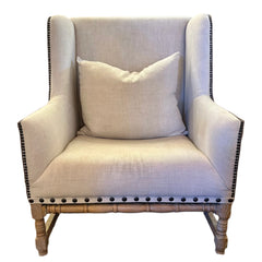 Anthwerpen Luca Arm Chair in Two Tone Ivory Linen Upholstery, Back Cushion