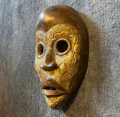 West African Mask, Wood, Brass, Hand Carved, Tribal