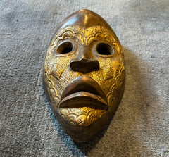 West African Mask, Wood, Brass, Hand Carved, Tribal
