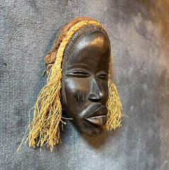 Congo Tribal Mask, Woman's Face, Hand Carved, Raffia Hair