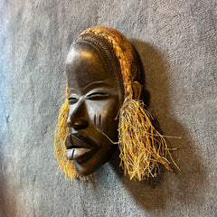 Congo Tribal Mask, Woman's Face, Hand Carved, Raffia Hair