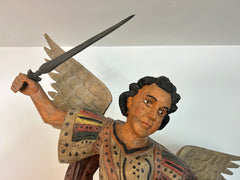 Statue of Winged Archangel Michael Battling Satan, Carved Wood, Metal