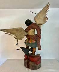 Statue of Winged Archangel Michael Battling Satan, Carved Wood, Metal
