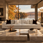 Custom Cream Upholstered Sofa, Wood Trim, Modernist Style, sku: 032765