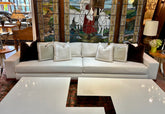 Custom Cream Upholstered Sofa, Wood Trim, Modernist Style, sku: 032765