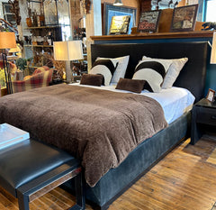 King Bed Woven Black Leather Headboard, Suede Sideboards, sku: 032756