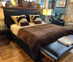 King Bed Woven Black Leather Headboard, Suede Sideboards, sku: 032756