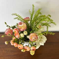 Silk Arrangement, Ranunculus and Hydrangea in Milk Glass Vase, sku: 032847