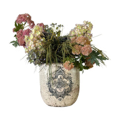 Silk Floral Arrangement Hydrangea and Grass in Crackle Vase, sku: 032848
