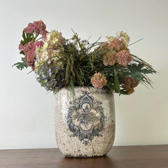 Silk Floral Arrangement Hydrangea and Grass in Crackle Vase, sku: 032848
