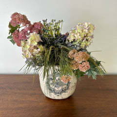 Silk Floral Arrangement Hydrangea and Grass in Crackle Vase, sku: 032848