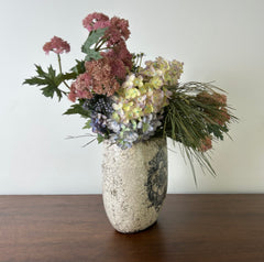 Silk Floral Arrangement Hydrangea and Grass in Crackle Vase, sku: 032848