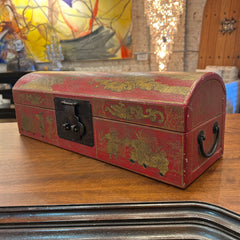 Hand Painted Asian Style Box, Red, Arched Top, Hand Painted Detail, Leather, sku: 032888