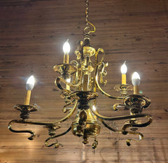 Chandelier, Brass, Hollywood Regency, Deco Style, Six Arm, Sku: 032917