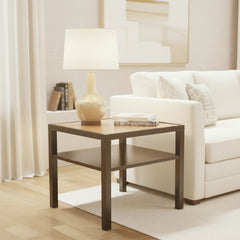 Edward Wormley for Dunbar, Two Tier End Table, Brass Detail, Mixed Wood, sku: 032905