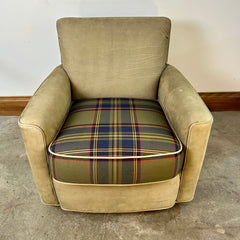 Pearson Armchair, Olive Sanded Leather with Wool Plaid Seat Cushion, sku: 032845