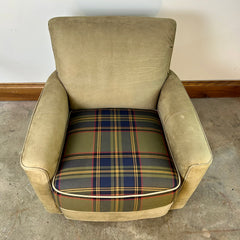 Pearson Armchair, Olive Sanded Leather with Wool Plaid Seat Cushion, sku: 032845