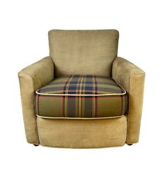 Pearson Armchair, Olive Sanded Leather with Wool Plaid Seat Cushion, sku: 032845