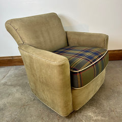 Pearson Armchair, Olive Sanded Leather with Wool Plaid Seat Cushion, sku: 032845