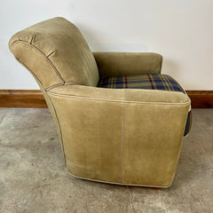 Pearson Armchair, Olive Sanded Leather with Wool Plaid Seat Cushion, sku: 032845
