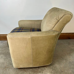 Pearson Armchair, Olive Sanded Leather with Wool Plaid Seat Cushion, sku: 032845