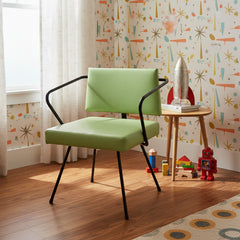 Vintage Mid Century Modern Child's Chair, Green Vinyl, Steel Rod Arms, Legs, sku: 032919