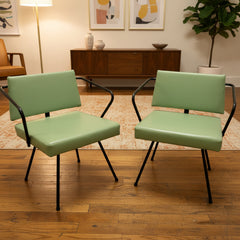 Vintage Mid Century Modern Child's Chair, Green Vinyl, Steel Rod Arms, Legs, sku: 032919