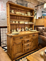 Pinewood Hutch Bookshelf Top, 5 Drawers, 2 Lowers Cabinets, Sku: 025903