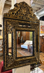Antique Repousse Mirror, Brass Overlay, Griffins and Shield Design, sku: 032947