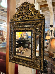 Antique Repousse Mirror, Brass Overlay, Griffins and Shield Design, sku: 032947