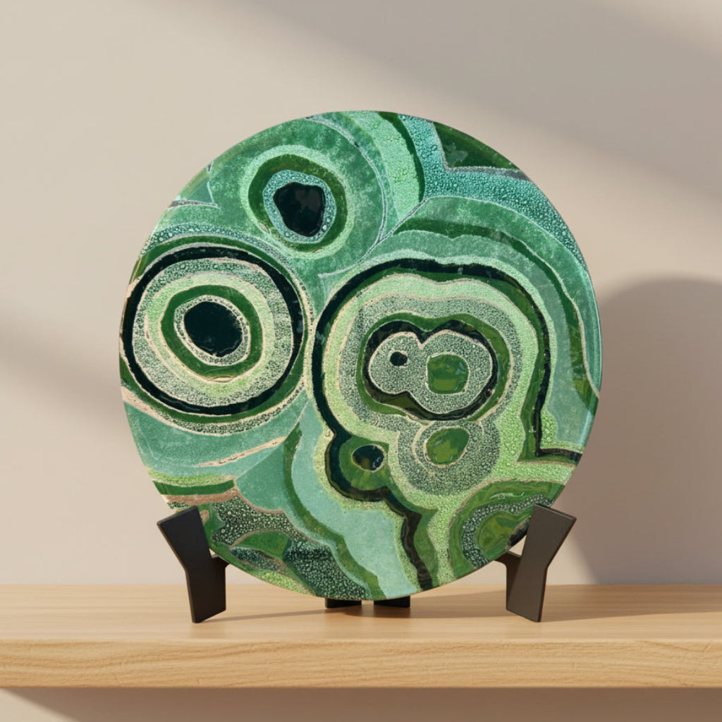 Decorative plate with green circular patterns on a stand indoors.