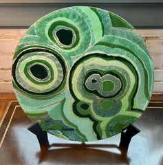 Art Glass Disk, Multi Green Abstract Design, sku: 032950