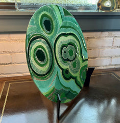 Art Glass Disk, Multi Green Abstract Design, sku: 032950