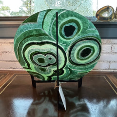Art Glass Disk, Multi Green Abstract Design, sku: 032950