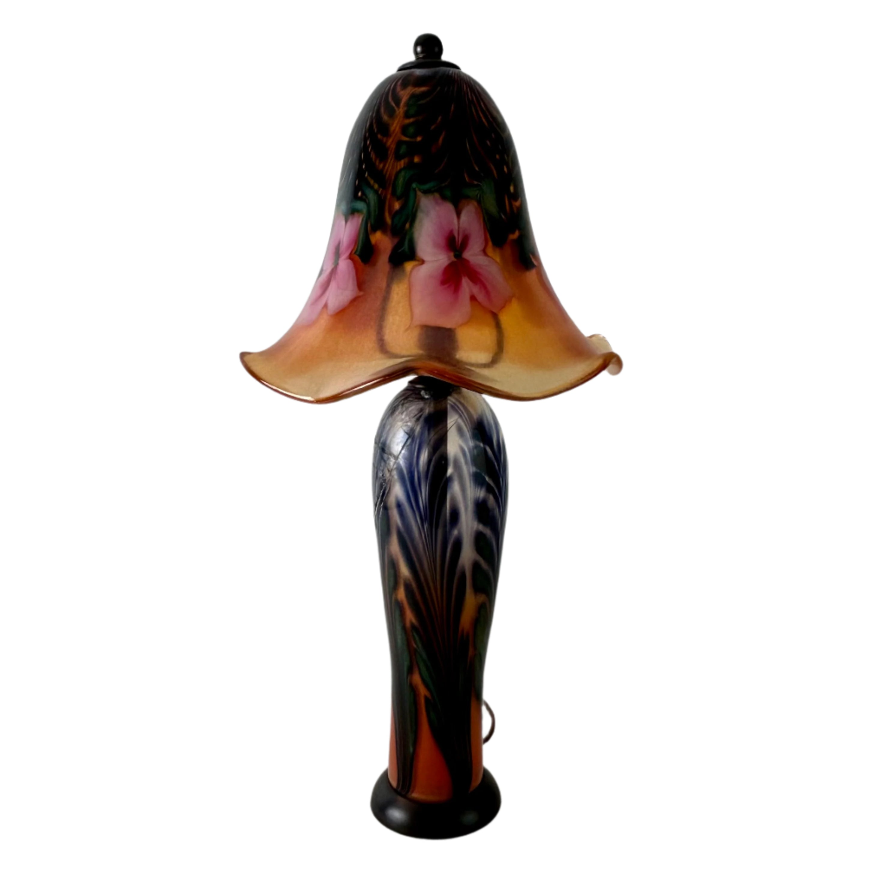 Decorative glass lamp with floral design on a plain background