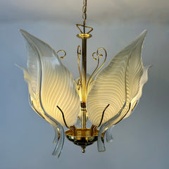 Chandelier, Murano Glass White Leaves, Brass Frame, Sku: 032981